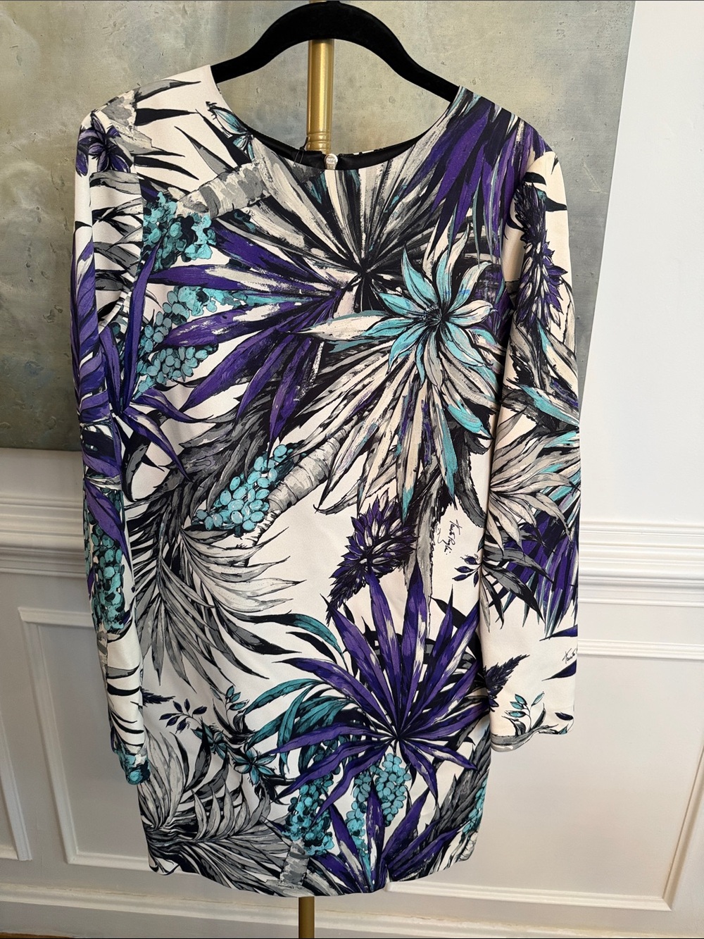 Fausto Puglisi Long-Sleeve Floral Shift Dress in White, Purple & Teal